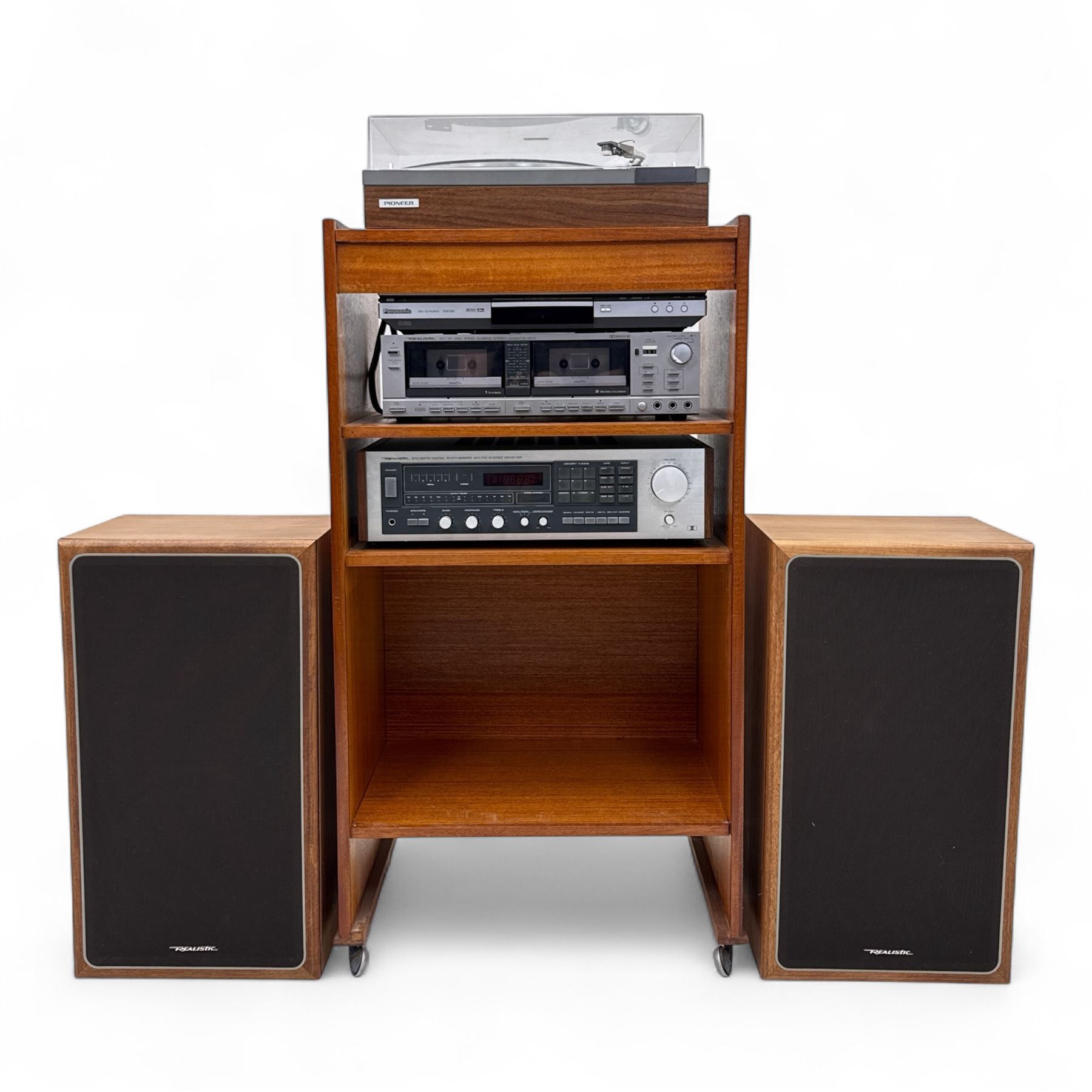 Vintage teak hi-fi cabinet comprising Realistic SCT-90 tape deck, STA 2270 receiver, Optimus 45 stereo speakers, Pioneer PL-1120 turntable,  Panasonic DVD 535 player 
