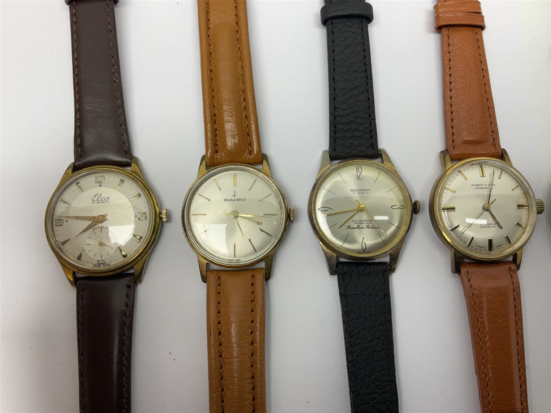 Ten manual wind wristwatches including Yeoman, Pinnacle, Avia, Walker & Hall, Argonaut, Roberts & Owen, Exactus, Uno, Amida and Elco
