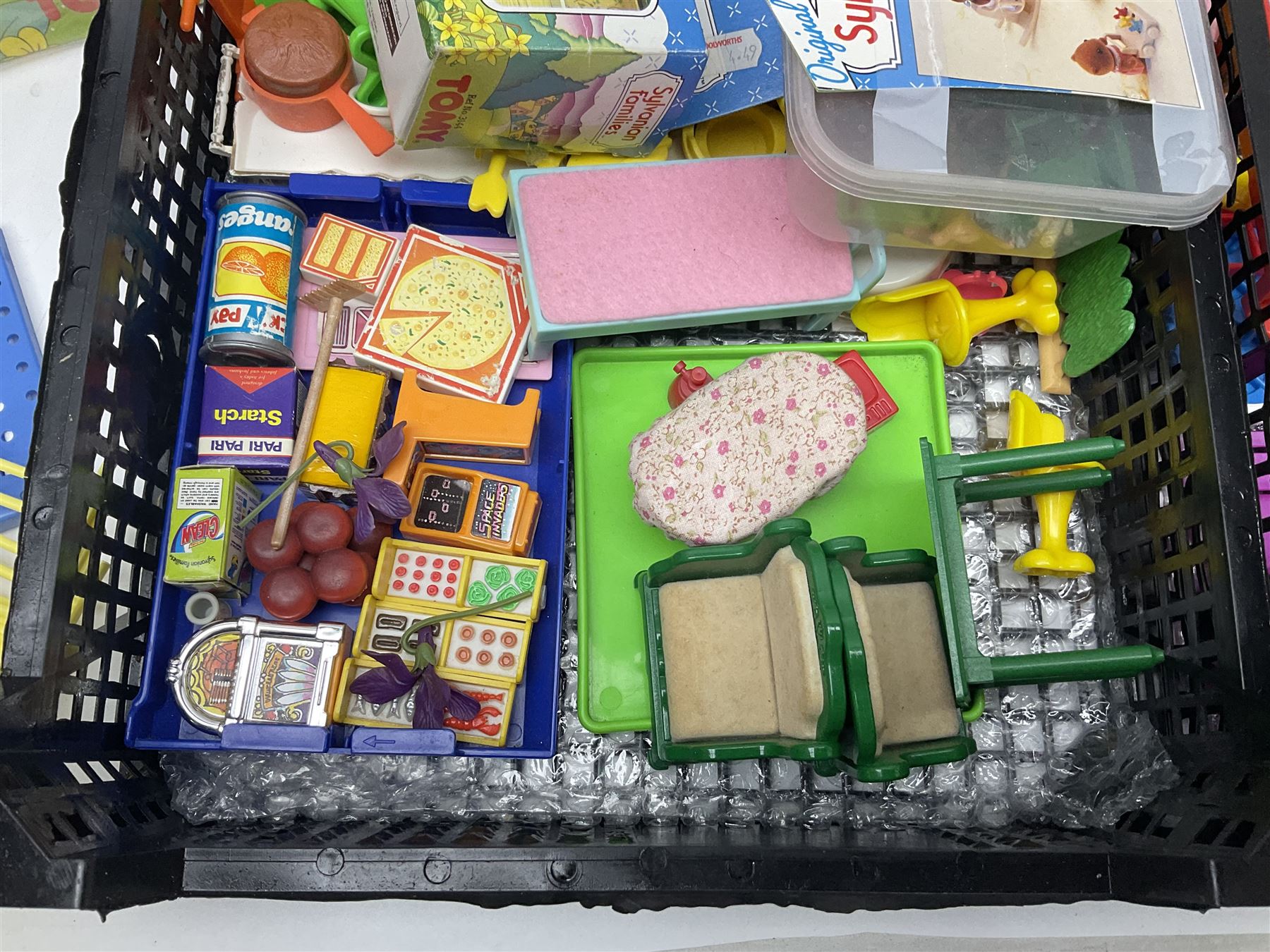 1980s Epoch Sylvanian Families - Country Kitchen Utensil Set and Playpen with Mobile; both boxed; together with assorted loose furniture, playground equipment, grocery shop stock etc; Penny's Pony Club Set in folding stable box; and boxed Bouncin' Babies Nursey Playset