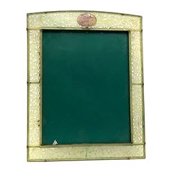 Early 20th century Chinese jade mounted photograph frame, of rectangular form the pierced jade frame carved with flowers and birds, the top panel carved with Foo dogs flaking an applied carved lavender coloured boss, with easel support verso, H33cm
