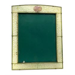 Early 20th century Chinese jade mounted photograph frame, of rectangular form the pierced jade frame carved with flowers and birds, the top panel carved with Foo dogs flaking an applied carved lavender coloured boss, with easel support verso, H33cm
