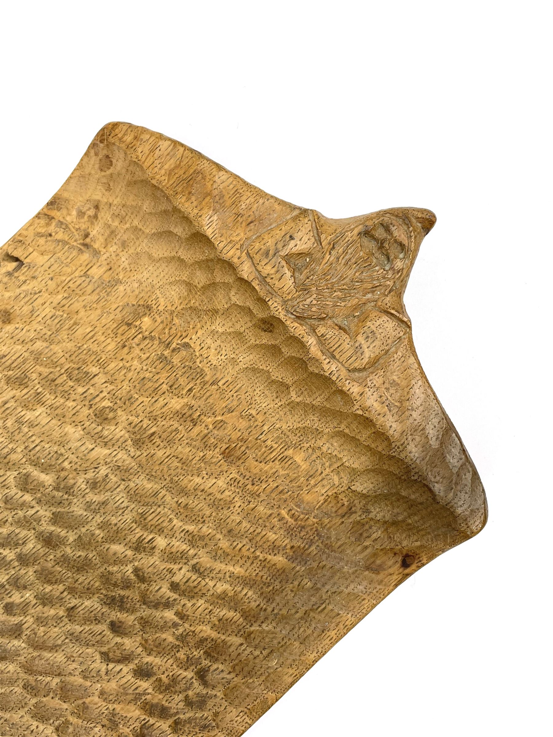 'Gnomeman' tooled oak twin handle rectangular tray, carved in relief with two gnomes, by Thomas Whittaker of Littlebeck 