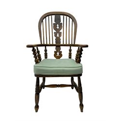 Late 19th century Yorkshire Windsor armchair, high stick back with pierced and fretwork splat, turned supports joined by H-stretcher
