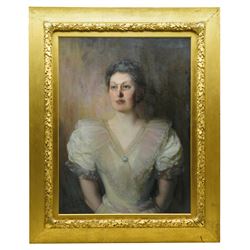 J Jee (British Late 19th century): Half-Length Portrait of a Victorian Woman Wearing Pince-nez in a Lace Gown, oil on canvas signed 75cm x 56cm