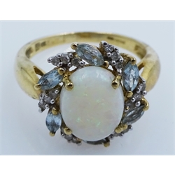 Opal, topaz and diamond cluster gold ring hallmarked 9ct