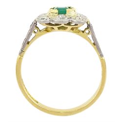 Gold square cut emerald and single cut diamond cluster ring, stamped 18ct & Plat, emerald approx 0.40 carat, total diamond weight approx 0.30 carat
