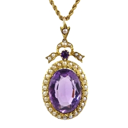  Victorian amethyst and seed pearl gold pendant stamped 15ct on gold chain necklace stamped 9ct  