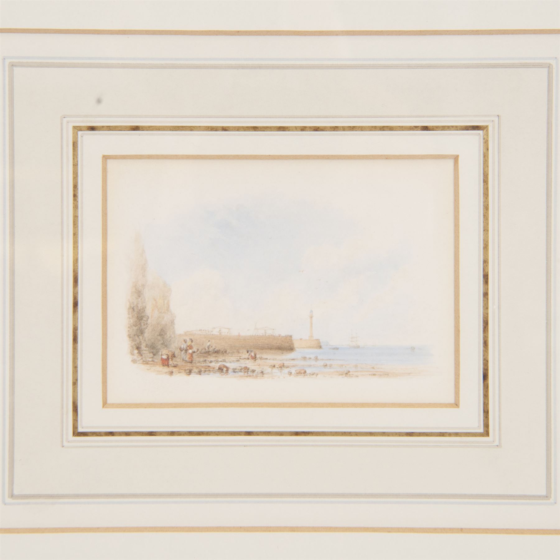 George Weatherill (British 1810-1890): 'Entrance of Whitby Harbour - 1842', watercolour unsigned, titled and attributed verso 7.5cm x 10.5cm