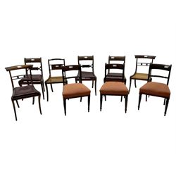 Collection of early 19th century Regency period dining chairs - set of three early 19th century mahogany dining chairs with rope twist middle rails (W50cm, H82cm); set of three Regency mahogany brass inlaid dining chairs (W48cm, H84cm); pair of Regency stained beech dining chairs with brass inlay and sabre supports (W47cm, H82cm); single Regency mahogany side chair (9)