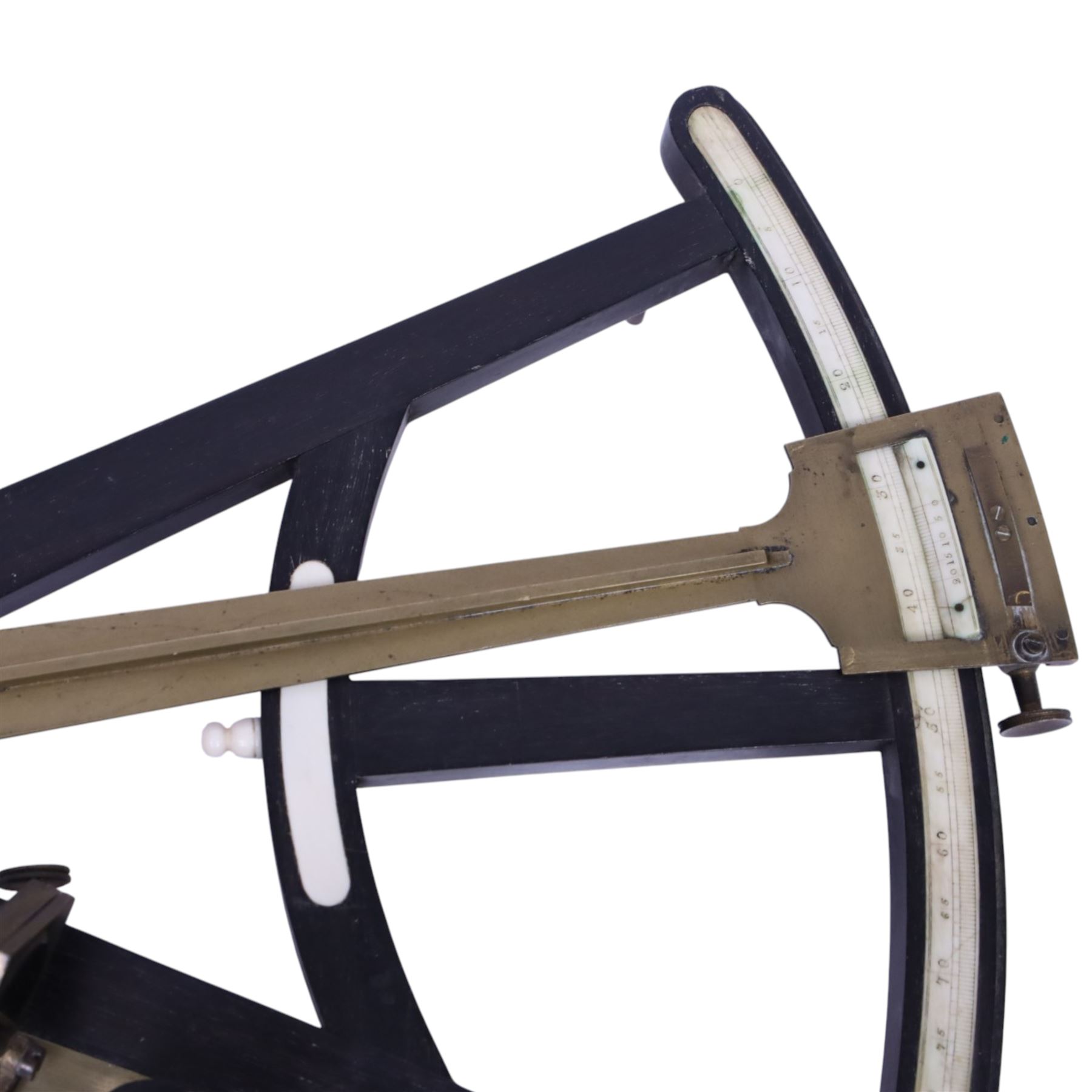 IVORY LICENCE 19th century ebony and brass octant, with inset ivory scale, unmarked, L35cm