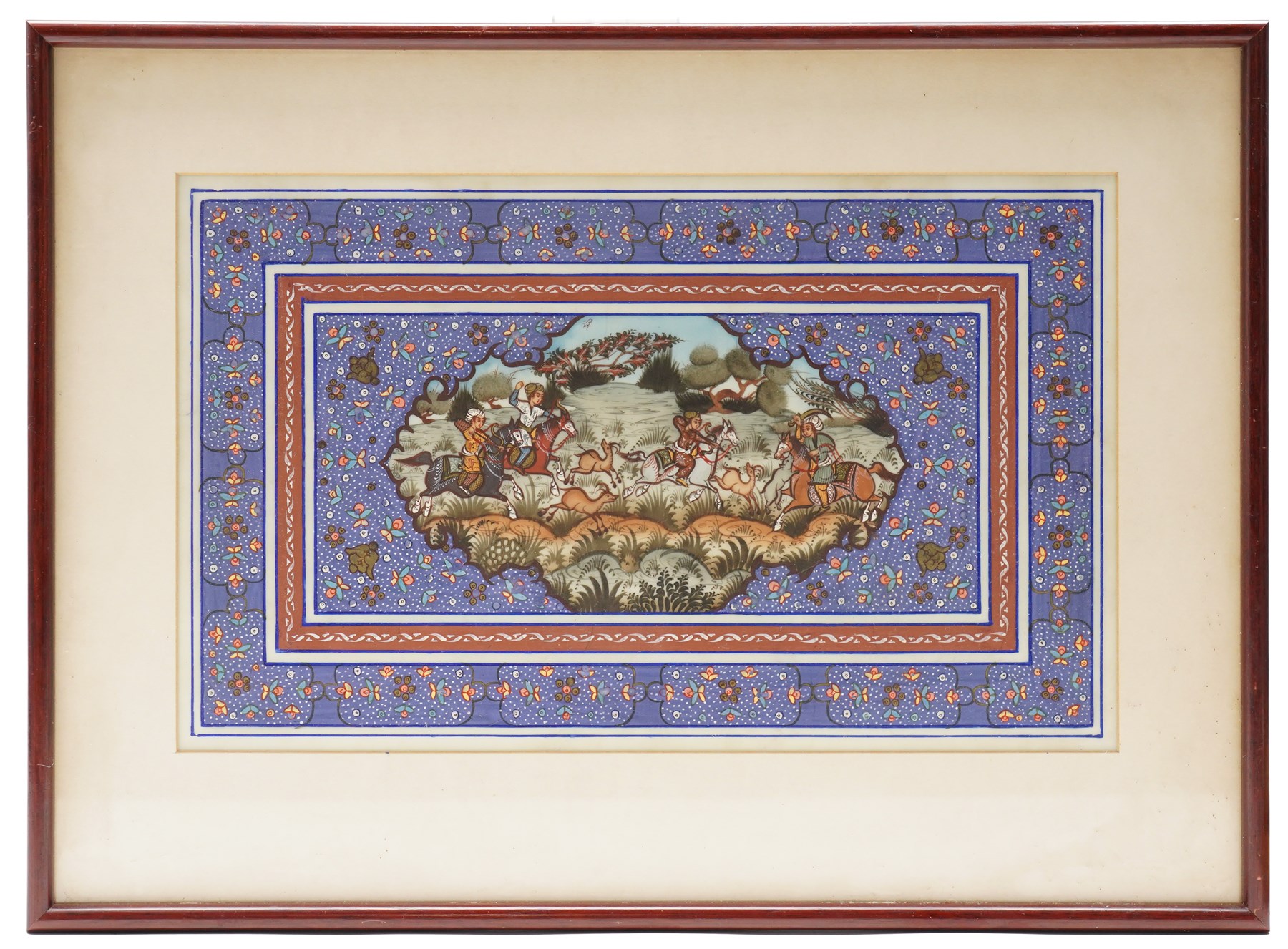 Four Mughal school watercolours, one pair depicting a couple upon thrones, an elephant procession and warriors in battle, largest 23cm x 38cm (4)