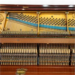 Claud Bechstein- German model IV overstrung upright piano in a mahogany Arts & Crafts designed case by Walter Cave, Serial number 56589 (1900-01), with a lattice music desk and silk backed open fretwork, square key fall with makers name and crafted brass hinges, two candle sconces on tapered square supports, makers name and model number cast into the frame, with an underdamper action, una-corda and sustain pedals, recently re-strung with new tuning pins, responsive action and damping, in very good playing condition, with 85 ivory and ebony keys A0-A7, tuning A=440. Including a period duet stool with a velvet-padded top.
Walter Cave was a leading architect, interior designer, and furniture maker during the Arts & Crafts period, a similar piano to this was owned and played by George Bernard Shaw and is on exhibition at the National Trust property, Shaw's Corner (Hertfordshire).

This item has been registered for sale under section 10 of the APHA Ivory Act, Reference 8P3C9UKA
