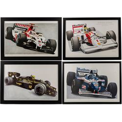 Four Formula 1 racing prints by Nik Curry, all within black frames, largest H38cm, W58cm