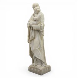 Carved stone and alabaster figure group of Saint Joseph and the Christ Child, modelled standing holding the infant, draped in flowing robes, raised on square plinth base