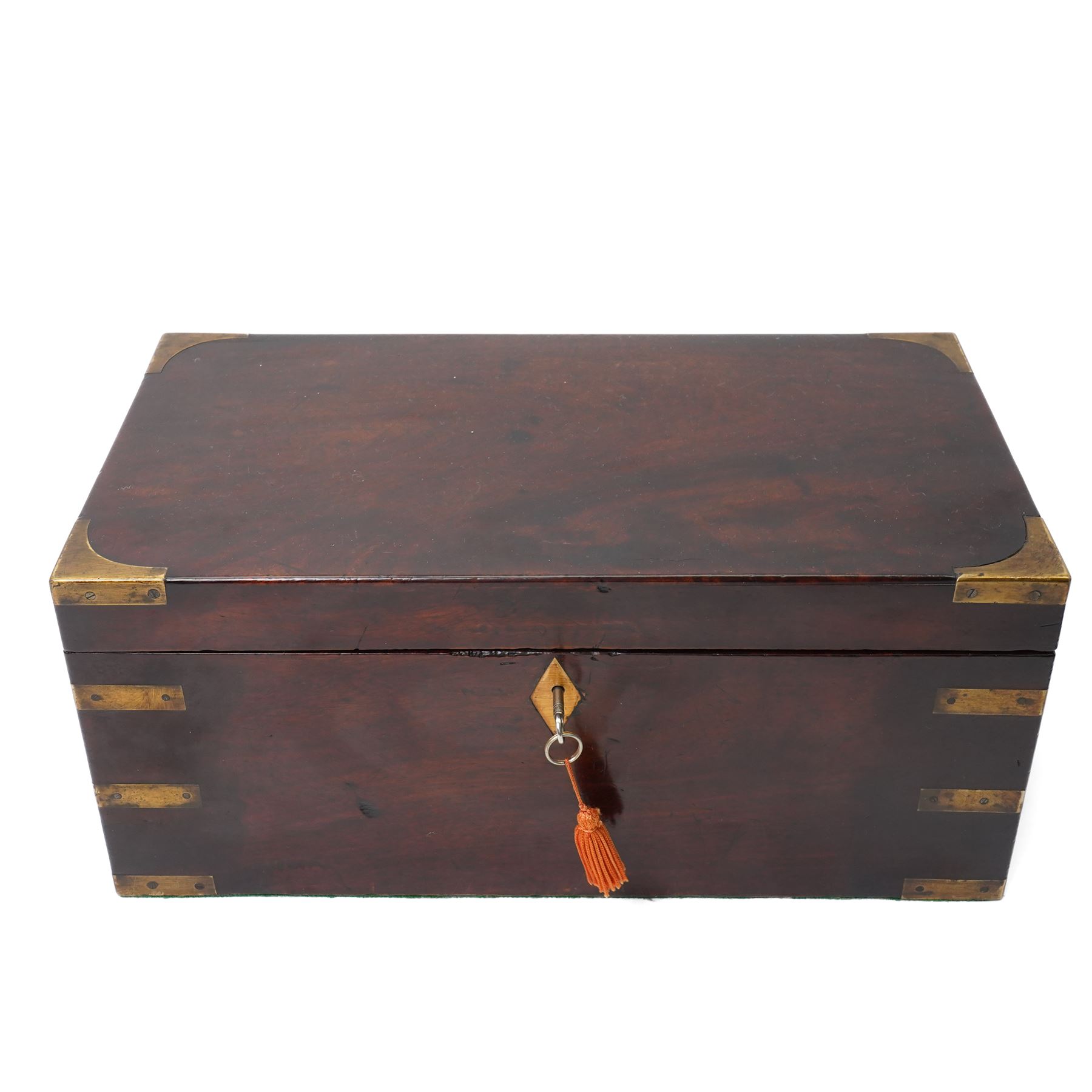 19th century brass bound mahogany tea caddy with three compartments, twin carrying handles, with key