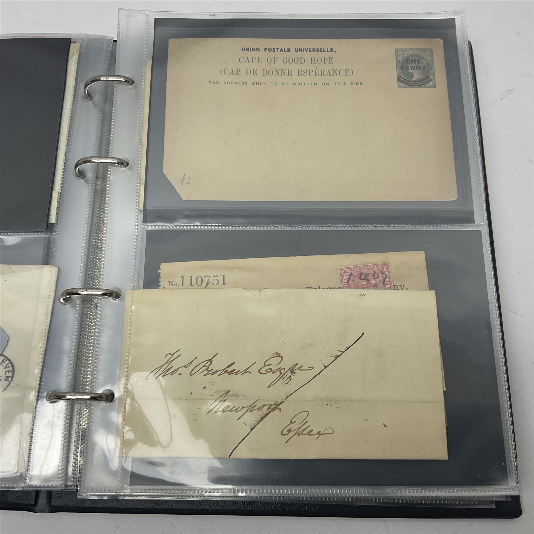Postal history, including imperf penny reds on covers or entires, mourning cover, Cape of Good Hope overprinted postal stationary, pre-stamp items etc, housed in a ring binder folder