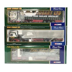 Corgi Eddie Stobart - three limited edition lorries; CC12901 Scania Topline Curtainside; CC13101 Volvo F88 Box Trailer; and CC13207 DAF XF Space Cab & Flatbed Trailer; all boxed (3)