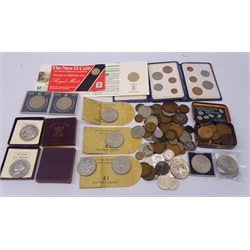  Mixed collection of coins including Queen Victoria 1887 double florin, King George VI 1940 half crown, pre-decimal coins, commemorative crowns, miniature padlock, pocket watch keys etc  