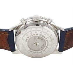 Breitling Old Navitimer gentleman's stainless steel automatic wristwatch, Ref. A13322 serial No. 517301, blue dial with date aperture,  silvered subsidiary dials at 6, 9 and 12 for seconds, 30 minute and 12 hour recording, bi-directional inner slide rule scale, on blue leather strap, boxed with papers and receipt dated 2002
