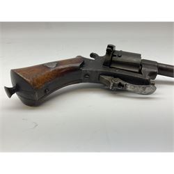 19th century Belgian Flobert 7mm pin-fire revolver with six-shot cylinder, 7cm octagonal to round barrel, folding trigger and walnut stock incorporating ejector rod in butt L18cm overall