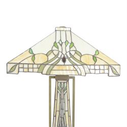 Tiffany style table lamp, the tapering stem and stepped pyramid shade, with naturalistic green foliate decoration on a cream ground, including shade H67cm