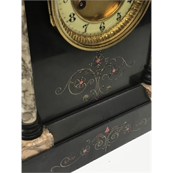 Victorian black slate mantel clock, stepped sloping pediment with marble inset, marble half column pilasters enclosing Arabic dial, twin train movement striking the hours and half on single coil, gilt and painted engraved detail, H35cm