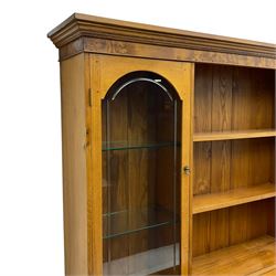 David Shackleton of Snainton - highly figured elm dresser, projecting moulded cornice over raised display cabinets and shelves, the base fitted with three central drawers and flanked by panelled cupboards, inscribed 'DS 1990'