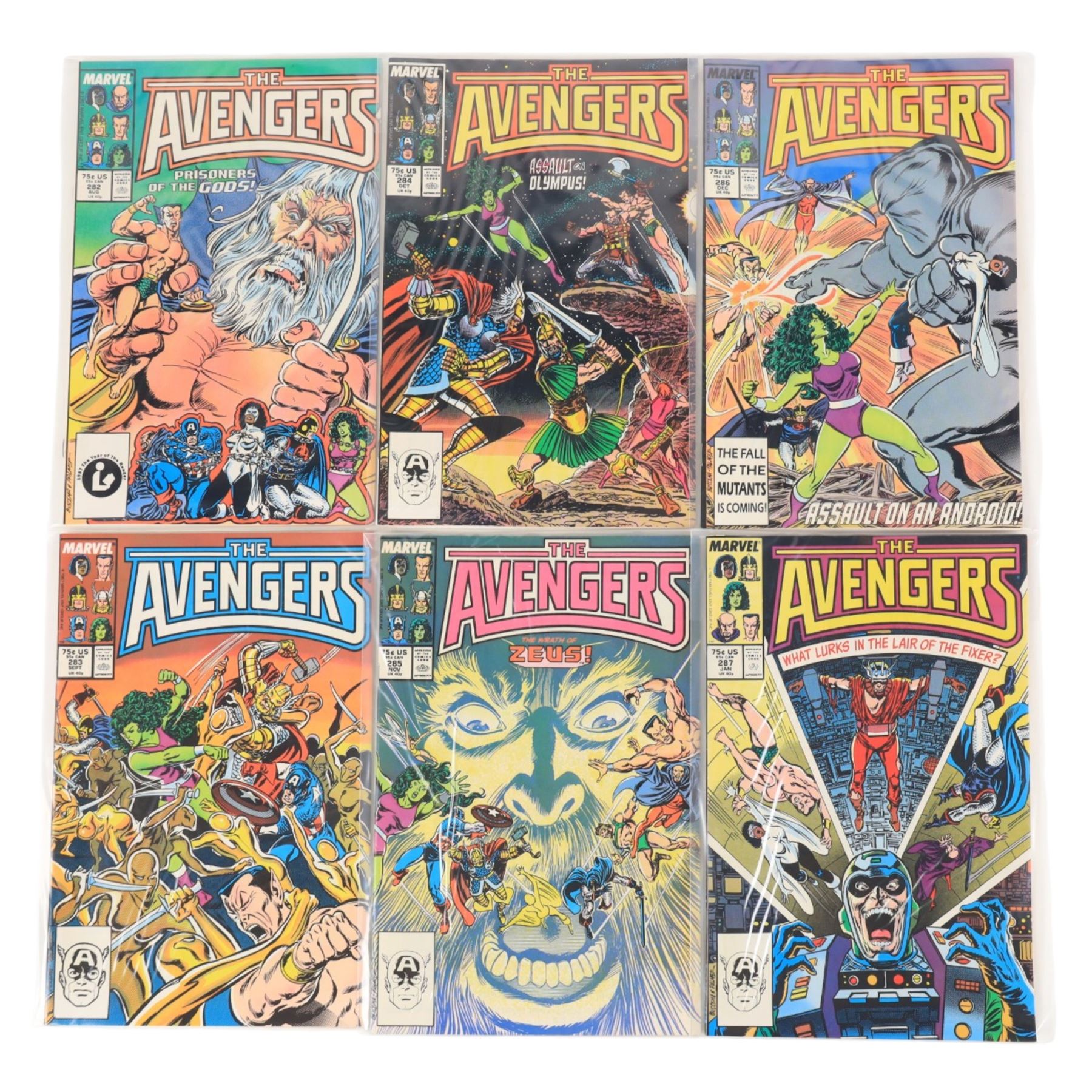 Forty-eight Marvel Bronze/Modern Age 'The Avengers' comic books, spanning years 1985-1990, comprising a continuous run of issues #261-#305 and issues #308, #309, #312 and #326