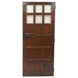 Mouseman - 1940s glazed, panelled and adzed vestibule door with castellated frame, with carved mouse signature, by Robert Thompson of Kilburn