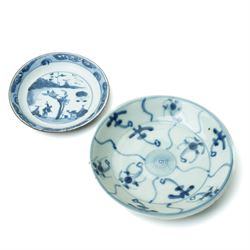 18th century Nanking cargo 'Flying geese' pattern bowl, with Christies lot sticker, D11.5cm; together with a tea bowl and saucer, probably from the Cau Mau shipwreck, in the 'Passing boats' pattern, and a dish from the Tek Sing shipwreck (4)
