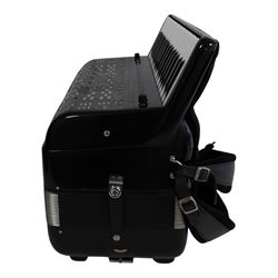 Borsini  5-row Chromatic button accordion, with 77-black and white pearlescent buttons and 96 bass buttons, in black high gloss case, with carry strap and original hard carrycase