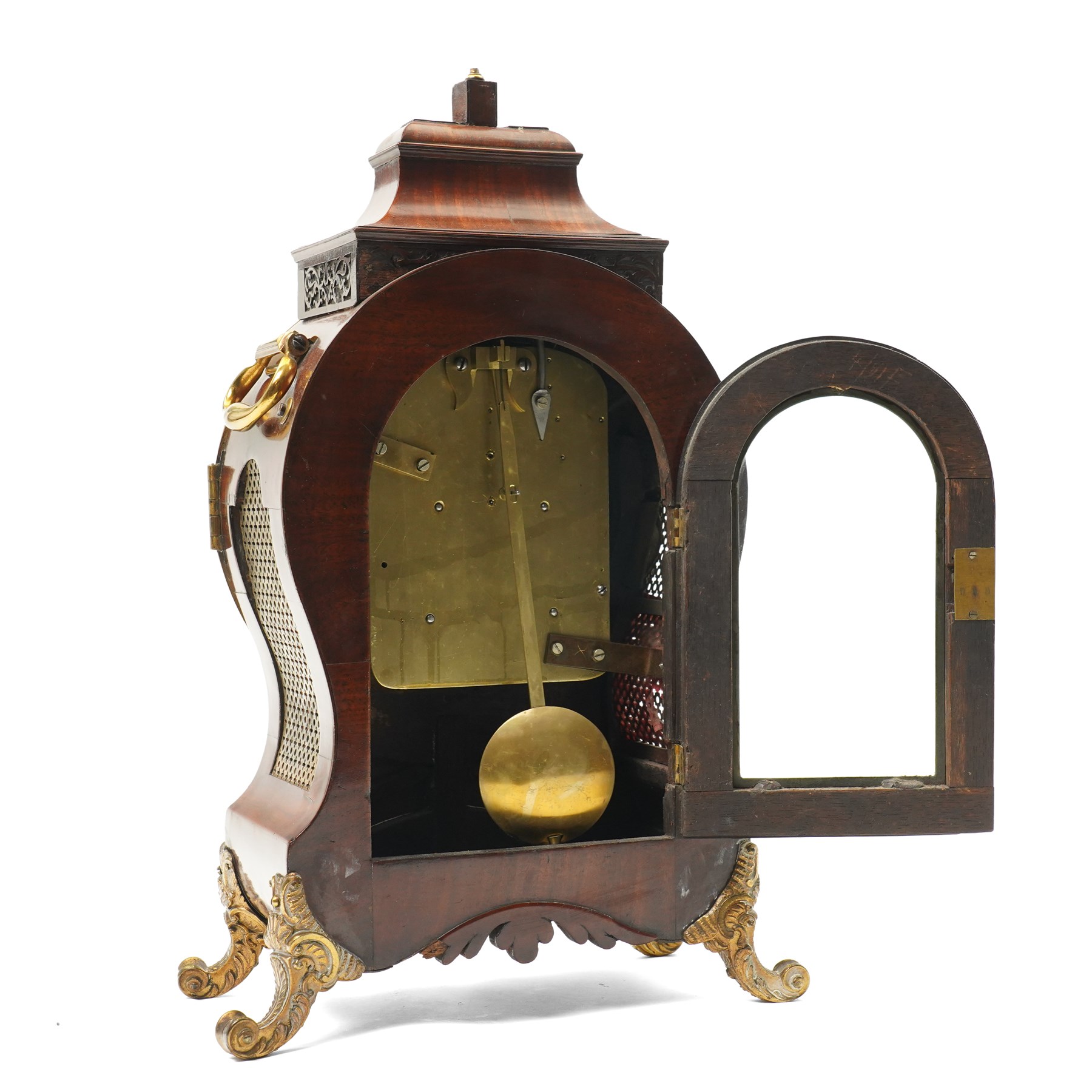 18th century bracket clock with twin chain fusee movement, the steel dial inscribed Thomas Hill, Fleet Street, London in mahogany case with blind fret carved panels, brass handles on gilt brass scroll feet with a later mahogany bracket H50cm excluding bracket