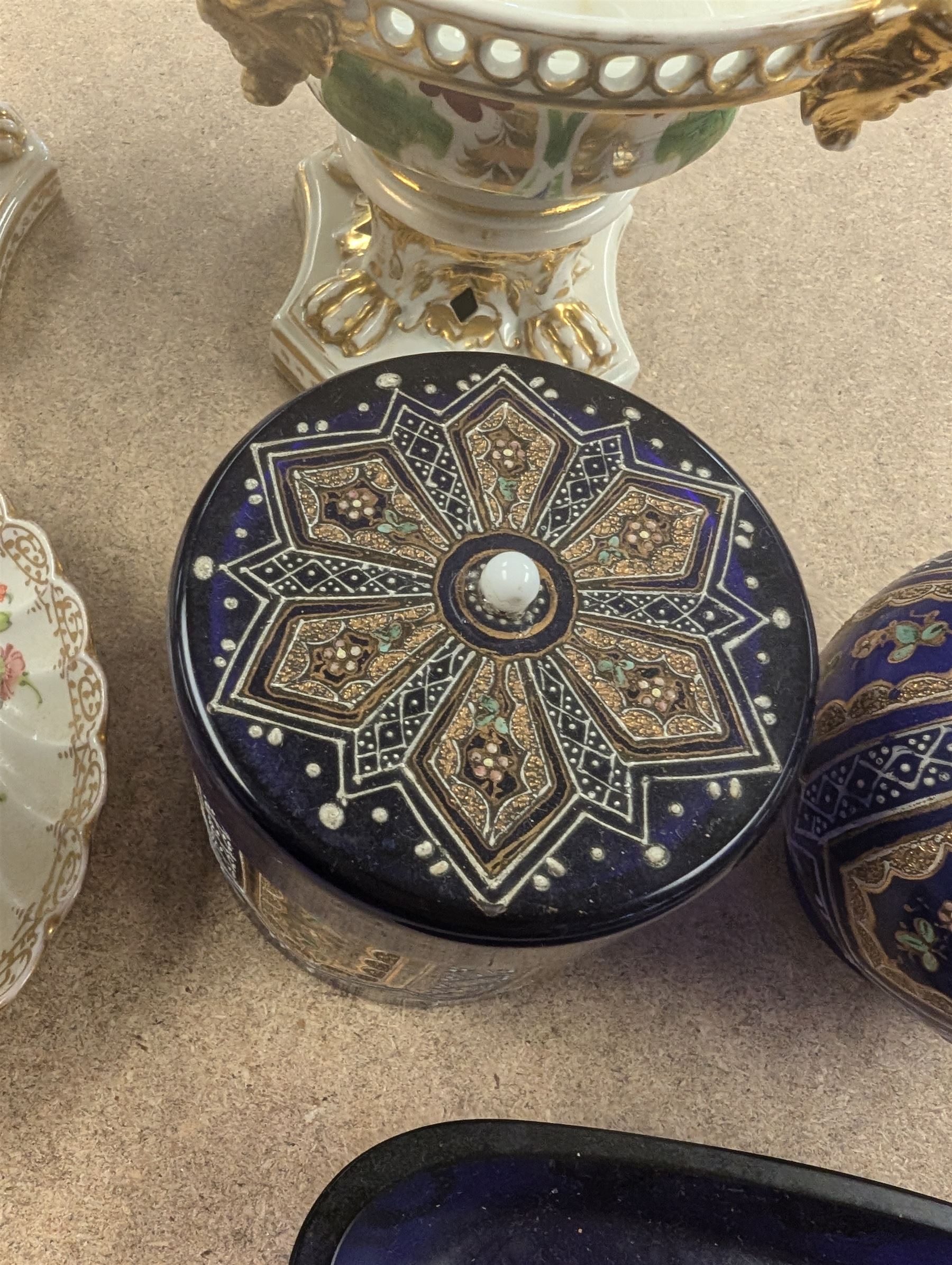 Two Royal Crown Derby pot pourri, Dresden teacup and saucer, three blue glass dressing table items, etc 