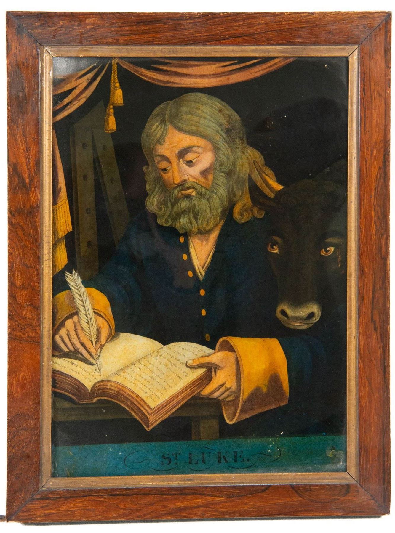 Four mid-19th century reverse glass mezzotints, 'Joseph sold by his brethren to the Ishmaelites' 'St Luke' 'St John' and 'St Matthew', 34cm x 24cm (4)