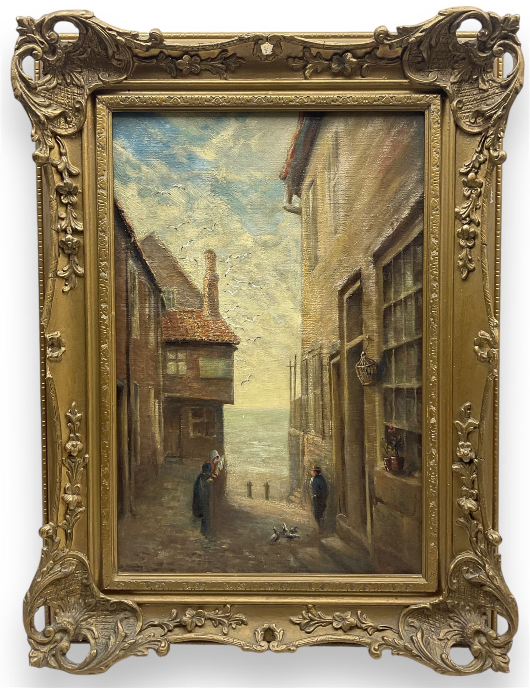 Albert Kinsley (British 1852-1945): Tin Ghaut - Whitby, oil on canvas signed, in heavily ornamented swept gilt frame 44cm x 29cm 