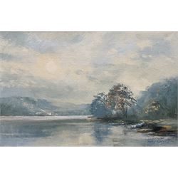 Mary Wastie (Cornish 1935-): Sunshine Over a Lake, oil on canvas signed 29cm x 44cm