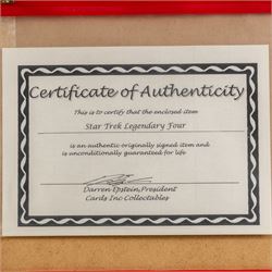 Limited edition Star Wars print 'The Voyage Begins' by Stewart Robinson numbered 516/1701, framed above three signed photographs of William Shatner as Captain James T. Kirk, Leonard Nimoy as Mr Spock and The Star Trek Legendary Four, all with certificates of authenticity verso, frame H109cm, W90cm
