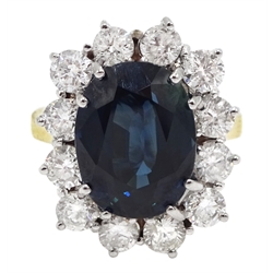 18ct gold unheated oval sapphire and diamond cluster ring, hallmarked, sapphire 7.26 carat, total diamond weight approx 1.70 carat, with certificate