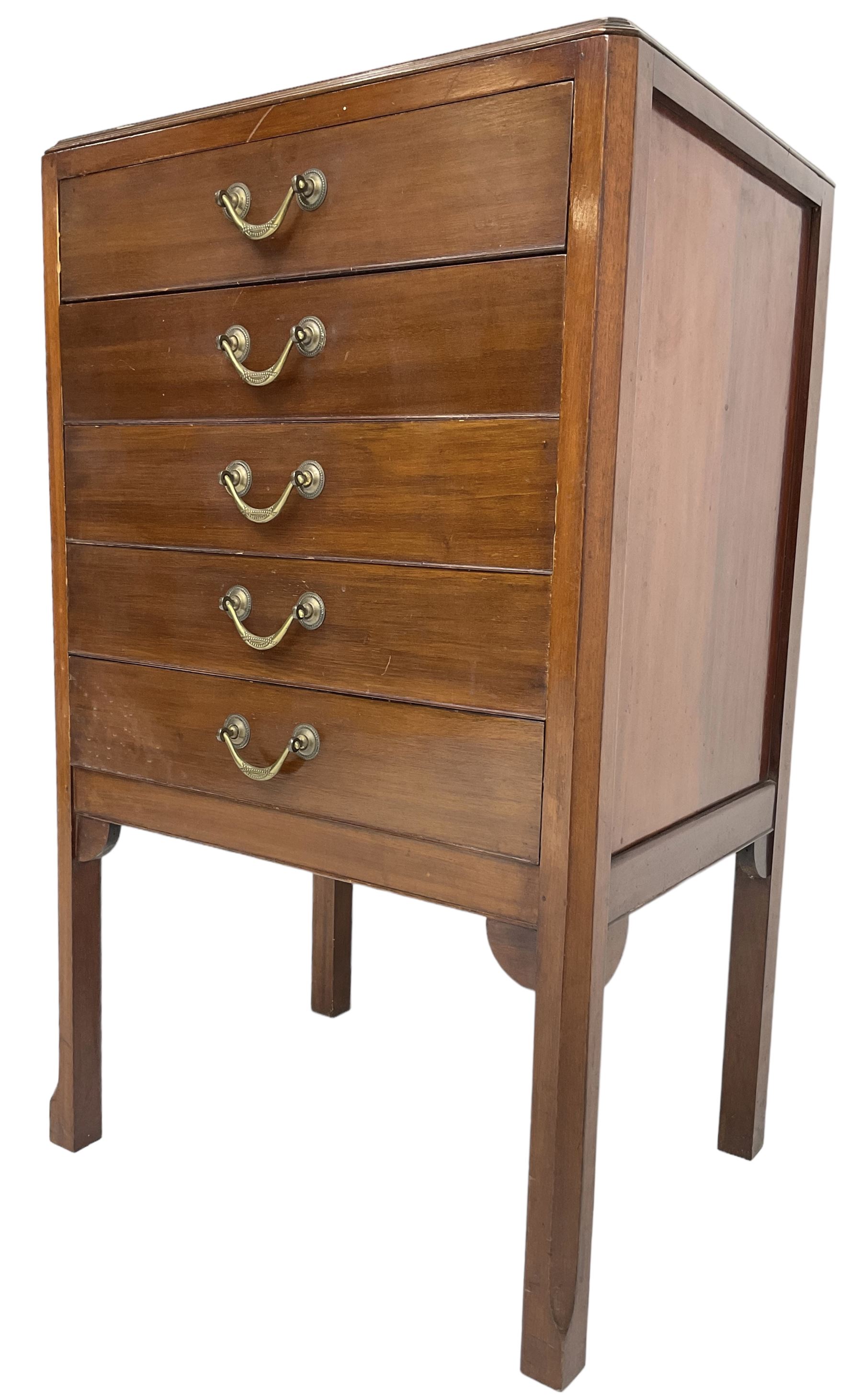 Edwardian mahogany five-drawer music cabinet, moulded top over five drawers with fall fronts, on chamfered square supports 