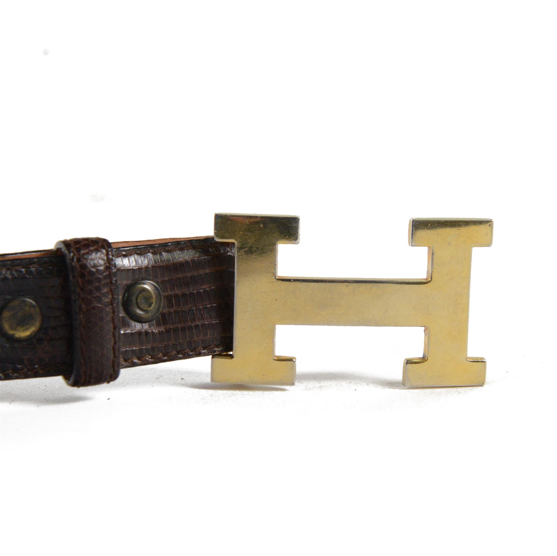 Tiffany & Co. brown lizard leather belt, stamped Tiffany & Co., Genuine Lizard, Made in USA, fitted with an Hermes style gold-tone H-shaped buckle, belt length 123cm