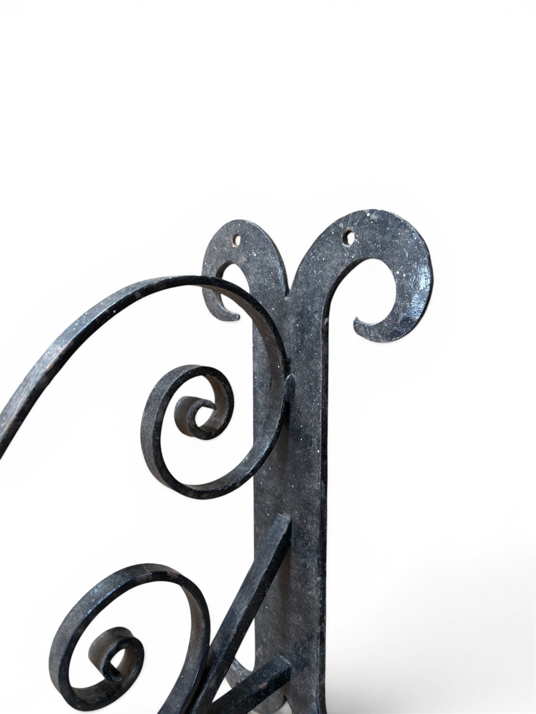 Blacksmith made wrought metal wall hanging sign bracket, scrollwork detail, including wall bracket and sign bracket