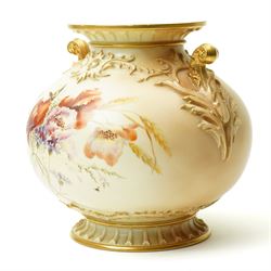 Late Victorian Royal Worcester vase of baluster design with gilt handles and painted with flowers on a blush ivory ground H22cm, date code for 1892