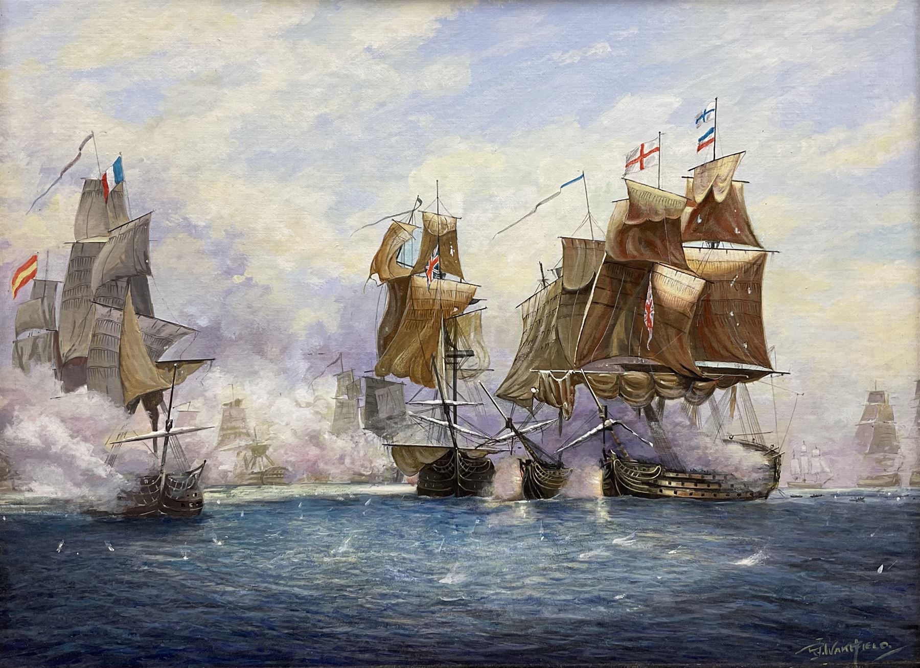 R J Wakefield (British 20th century): 'Battle of Trafalgar 21st October 1805', oil on board signed, labelled verso 45cm x 60cm