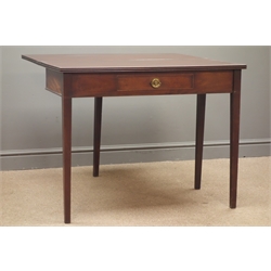  Early 20th century mahogany folding tea table, reeded edges, single drawer, square tapering supports, W92cm, H73cm, D90cm, (maximum measurements)  