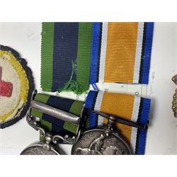 George V India General Service Medal with Afghanistan N.W.F. 1919 clasp and WW1 British War Medal awarded to 79561 Pte. R.D. Rowbottom R.A.M.C.; both with ribbons; card mounted with cap badge and Medical Corps cloth badge