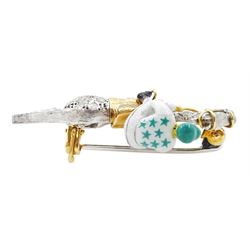 18ct gold diamond and enamel jockey brooch by Alabaster & Wilson, the galloping racehorse with pave set single cut diamonds, the jockey with green and white star colours, Birmingham 2004