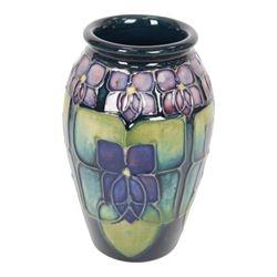 Moorcroft two miniature vases, in violets pattern, with original boxes, H11cm 