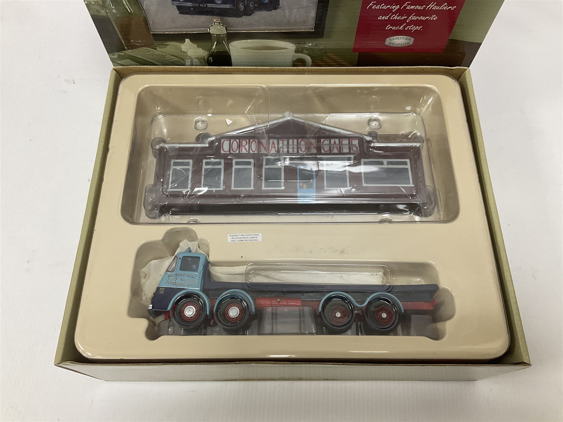 Corgi - six Cafe Connection boxed sets to include CC10501 ERF K. Platform Lorry - Richard Read (Transport) Ltd. Coronation Cafe; CC10801 Foden S21 Tipper with Gravel Load - Moreton C Cullimore & Son Ltd. The Towers; CC11603 Albion Reiver Sheeted Platform Lorry - W.H. Malcolm Ltd. Jungle Cafe; with three further examples, all boxed (6)