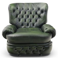 Thomas Lloyd - green leather chesterfield armchair, buttoned back, apron arm rests