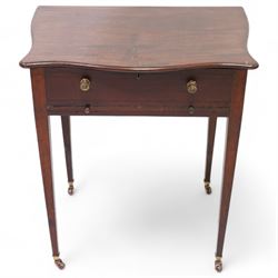 Edwardian mahogany sewing or work table, of shaped form, moulded hinged lid enclosing lidded compartments, fitted with slide, on square tapering supports with brass and ceramic castors 
